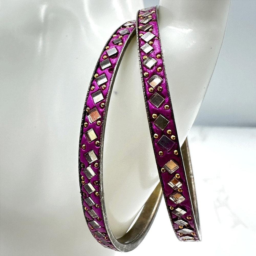 Vintage Pink Fuchsia Enamel Bangle Bracelet Set Geometric Mirror Inlay Statement